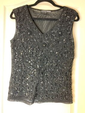 NESS Black Embellished Mesh Top Sequins Ribbon Sleeveless Size M Party Cocktail